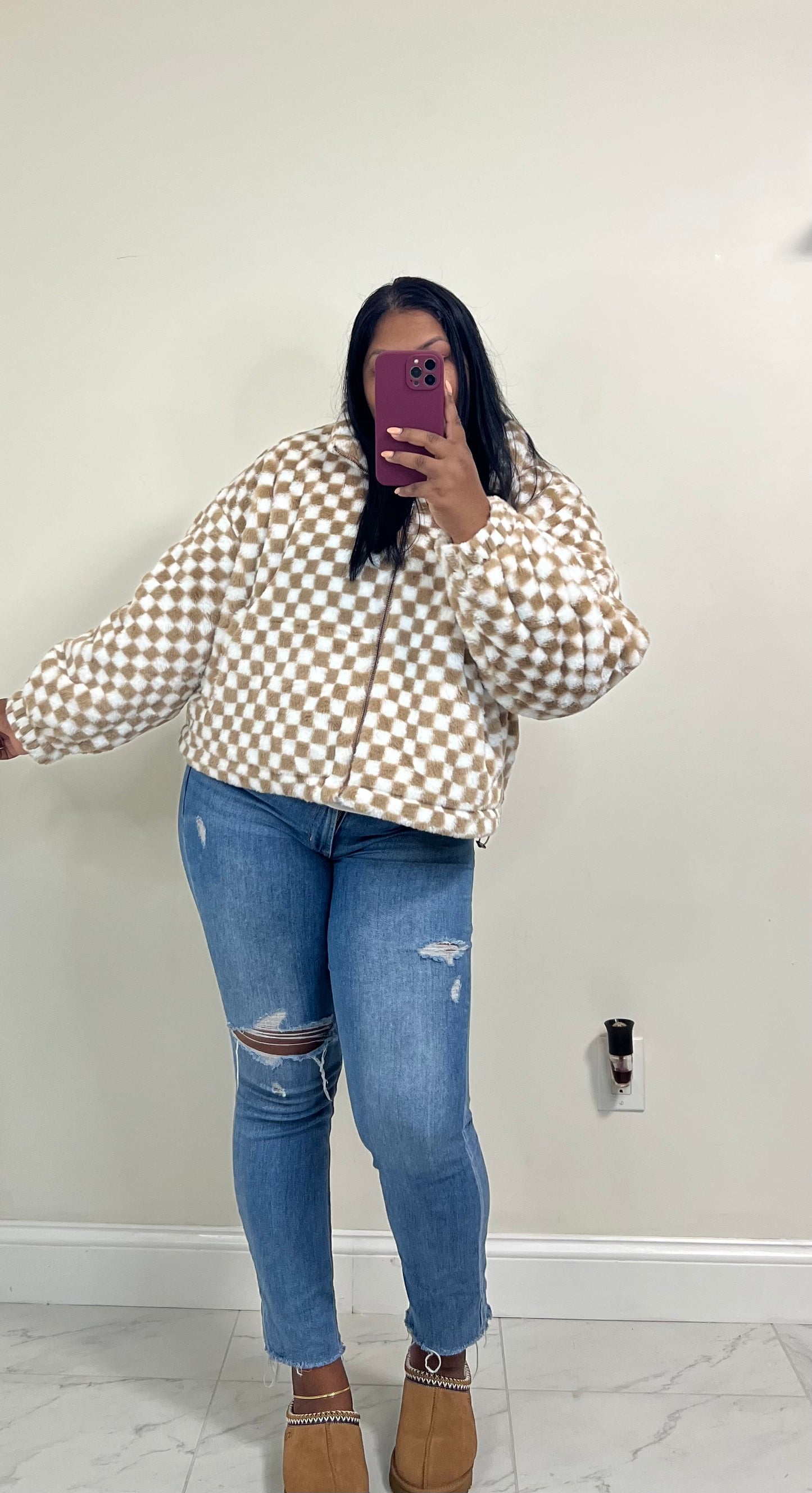 Checkered Teddy Zip Up